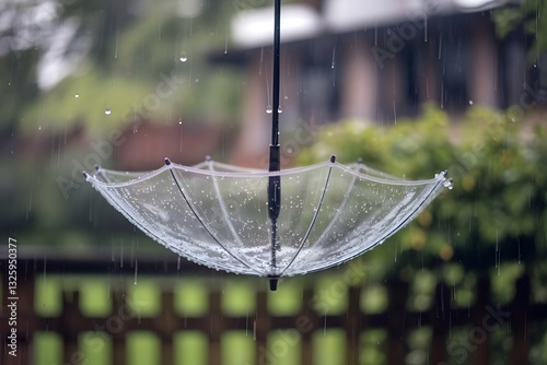 Transparent Umbrella with Raindrops Suspended in Midair, Freezing Time 