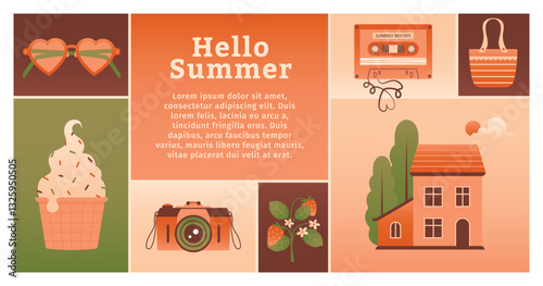 Horizontal summer banner with geometric pattern of vector illustrations. Ice cream cone, rural cottage, house, cassette, camera, strawberry bush, sunglasses, bag. Hello Summer Flyer design with text.