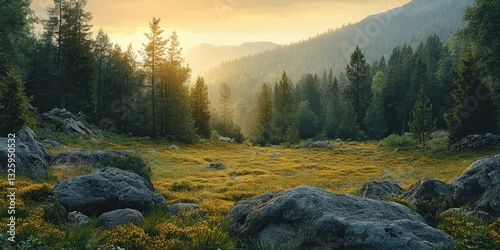 Golden-yellow wildflowers bloom amidst rugged rocks as the sun sets, casting a warm, amber glow on distant majestic mountains
