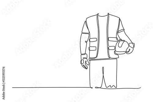 Single continuous line drawing architect engineer man hand holding safety hard hat at construction site. Worker helmet civil construction engineering. One line draw graphic design vector illustration