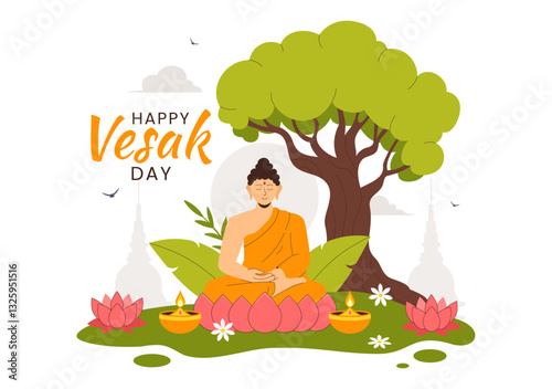 Happy Vesak Day Celebration Vector Illustration Featuring a Temple Silhouette, Lotus Flower, Lanterns, and Buddha's Meditation in a Flat Background