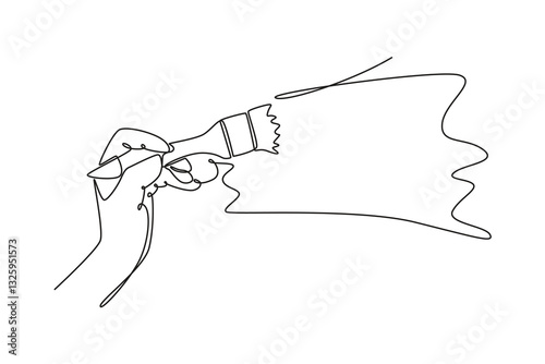 Single continuous line drawing hand of young workman painting house wall decoration with paint brush. Painting wall renovation service concept. Dynamic one line draw graphic design vector illustration