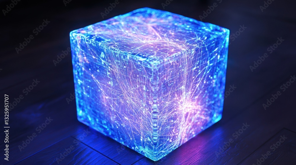 Glowing Blue-Pink Cube on Dark Floor Glowing Blue-Pink Cube on Dark Floor