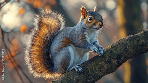 Grey Squirrel on Branch in Autumn Woods