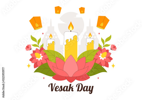 Happy Vesak Day Celebration Vector Illustration Featuring a Temple Silhouette, Lotus Flower, Lanterns, and Buddha's Meditation in a Flat Background