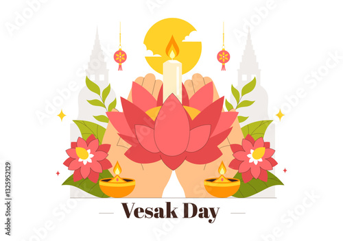 Happy Vesak Day Celebration Vector Illustration Featuring a Temple Silhouette, Lotus Flower, Lanterns, and Buddha's Meditation in a Flat Background