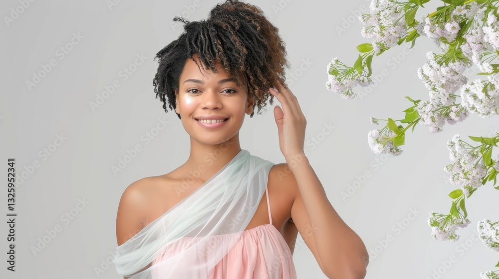 Young Woman with Curly Hair Smiling and Touching Hair Against Light Background with Flowers Young Woman with Curly Hair Smiling and Touching Hair Against Light Background with Flowers