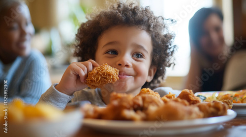 Happy child enjoying delicious crispy fried chicken dinner family meal boy food cute kids tasty lunch