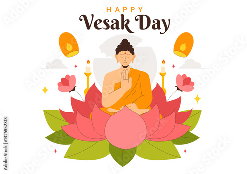 Happy Vesak Day Celebration Vector Illustration Featuring a Temple Silhouette, Lotus Flower, Lanterns, and Buddha's Meditation in a Flat Background