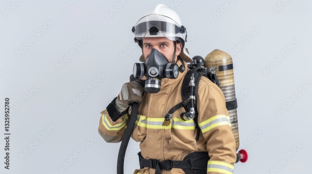 Firefighter in Full Gear with Breathing Apparatus Preparing for Fire Emergency Response Firefighter in Full Gear with Breathing Apparatus Preparing for Fire Emergency Response