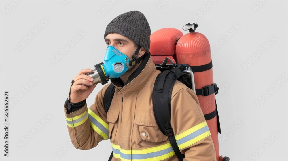 Naklejka premium Firefighter in Protective Gear with Breathing Apparatus and Safety Mask Ready for Action