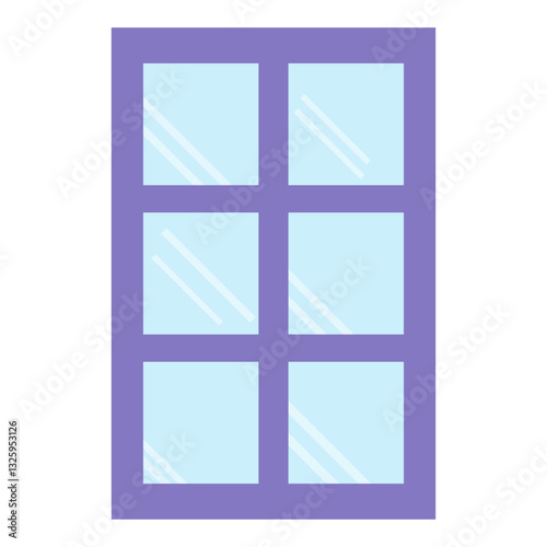 Minimalist vector illustration of six-pane window with purple frame and light blue glass panes, featuring subtle reflections. Ideal for home, architecture, and interior design themes.
