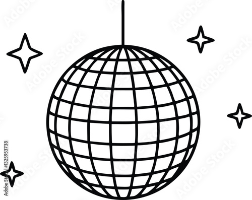 Disco ball icon, Disco ball with stars icon vector, Disco ball line art