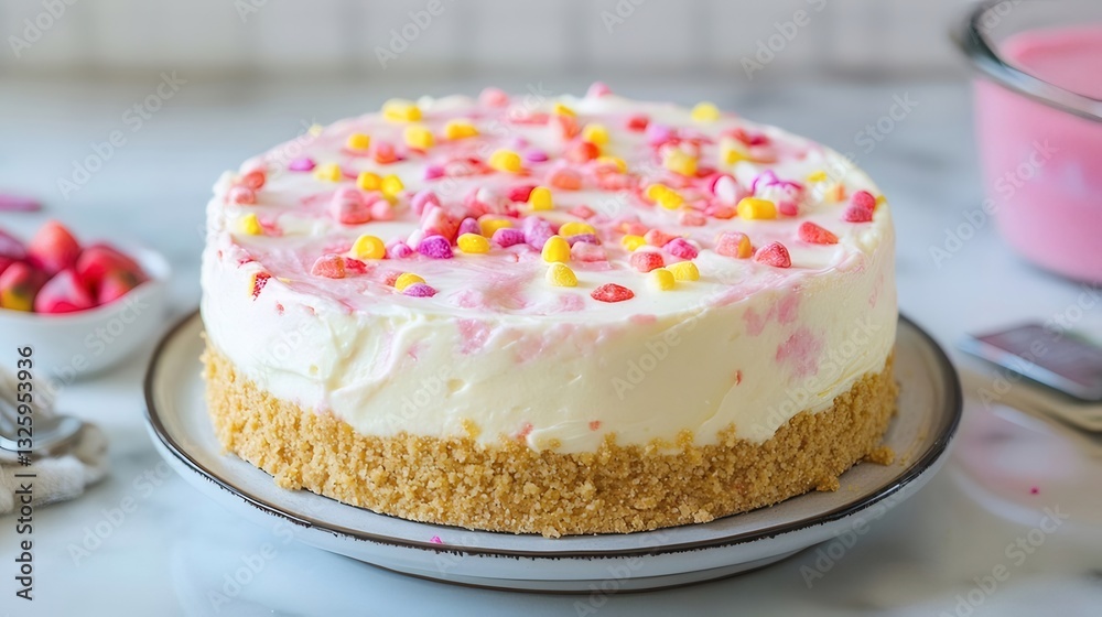 Pink and Yellow Sprinkle Cheesecake on Marble Table