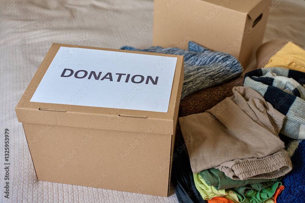 Used clothes near cardboard box labeled Donation at home. Concept of charity, kindness and social responsibility