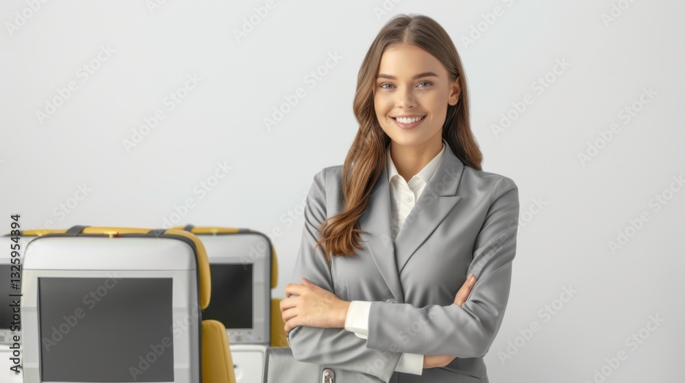 Professional Woman in Gray Suit Smiling Confidently in Modern Office Environment Professional Woman in Gray Suit Smiling Confidently in Modern Office Environment