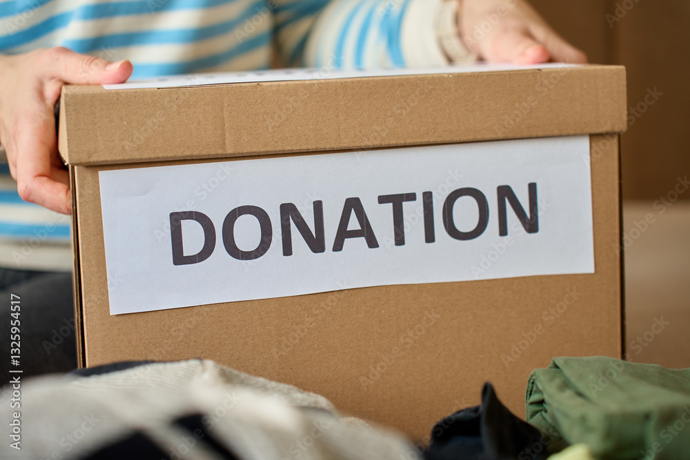 Woman holds donation box filled with clothes on bed, organizing items for charity. Cardboard box with clothes for recycling or second hand. Concept of volunteering, charity and social responsibility