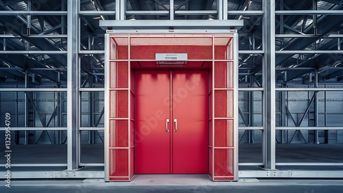 Emergency fire exit door and facade aluminum composite of warehouse, steel doorway and fire proof resistant of security system