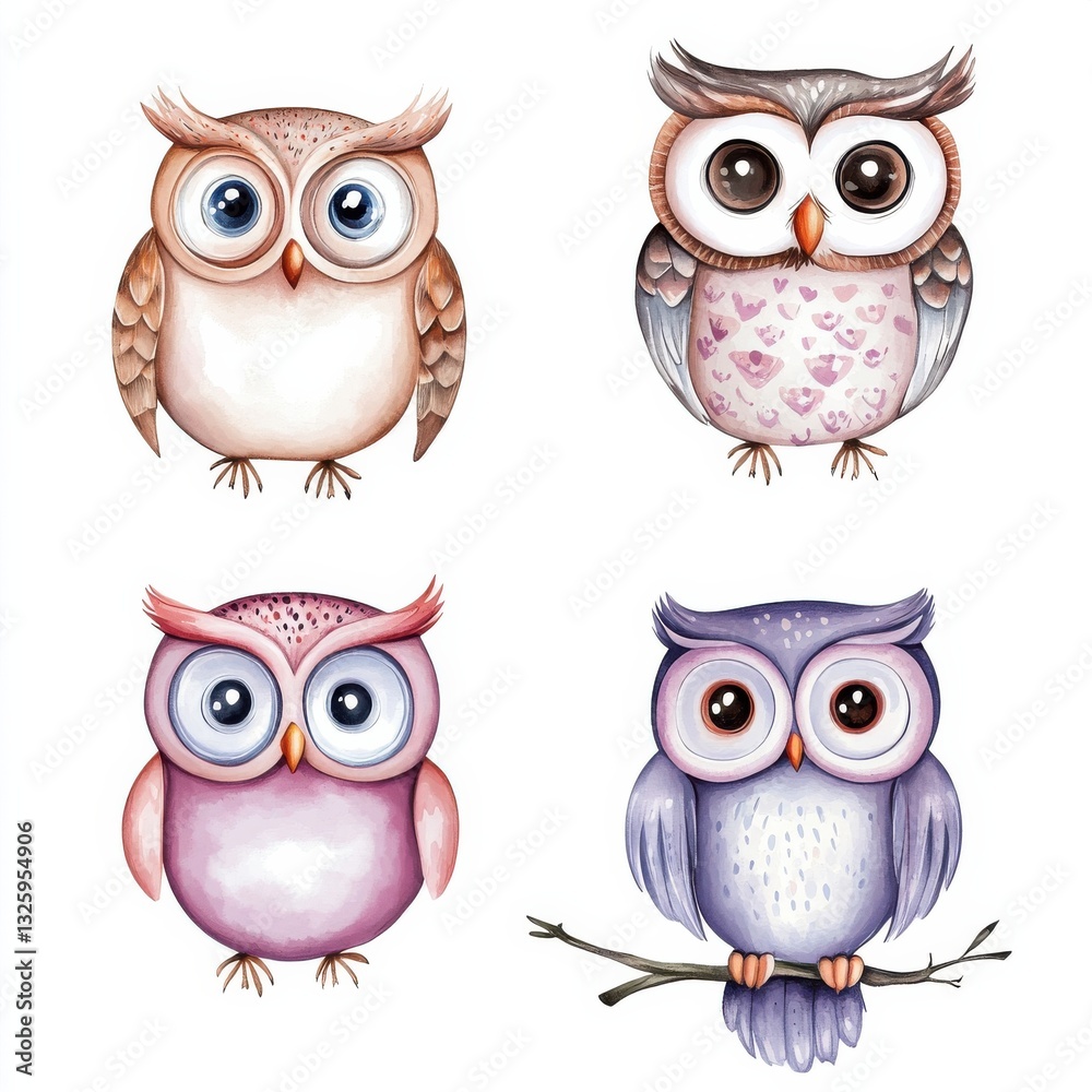 Fototapeta premium A colorful illustration featuring four adorable cartoon owls, each with unique patterns and expressions, set against a white background.