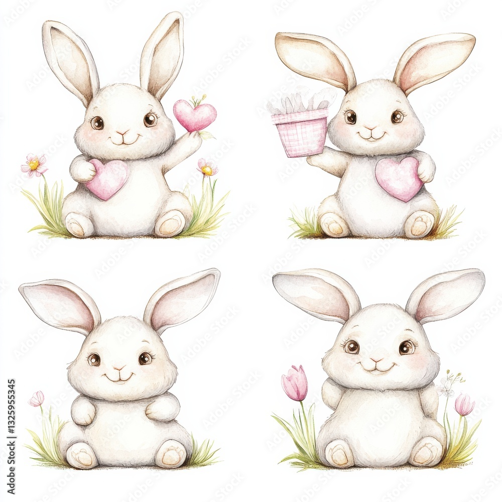 Obraz premium Cute illustrated rabbits holding hearts and gifts, surrounded by flowers, conveying a playful and joyful atmosphere.