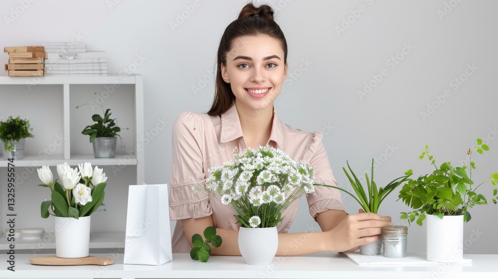 Young Woman Smiling with Indoor Plants on Table Surrounded by Greenery and Fresh Flowers Young Woman Smiling with Indoor Plants on Table Surrounded by Greenery and Fresh Flowers