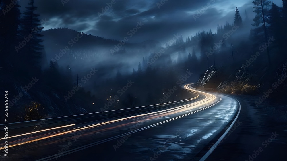 Night Highway Winding Through Foggy Forest Mountains