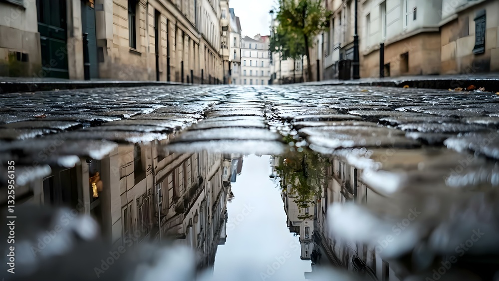 A cobblestone street reflecting buildings and trees in puddles after rain. Concept Cobblestone Street, Rain Reflections, Urban Photography, Nature in City, Atmospheric Post-Rain Scene A cobblestone street reflecting buildings and trees in puddles after rain. Concept Cobblestone Street, Rain Reflections, Urban Photography, Nature in City, Atmospheric Post-Rain Scene