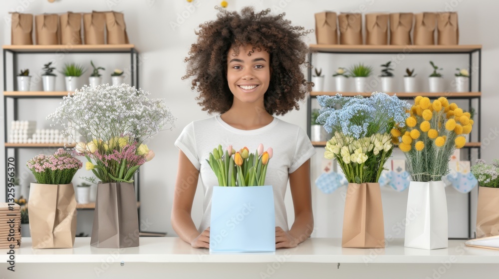 Young Woman with Curly Hair Smiling in Flower Shop Surrounded by Colorful Floral Arrangements Young Woman with Curly Hair Smiling in Flower Shop Surrounded by Colorful Floral Arrangements