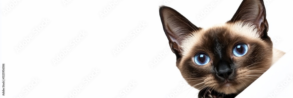 Fototapeta premium Curious Siamese cat peeking from a white background.