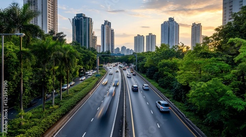 Dynamic urban highway vista with blurred motion and architectural backdrop