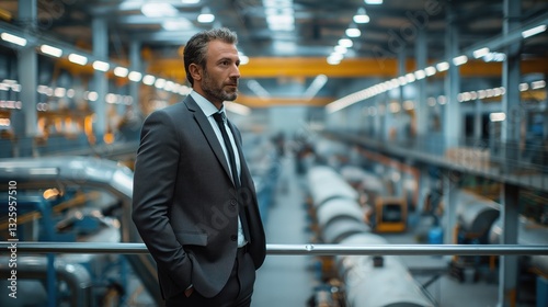 Man in a suit stands in a large industrial factory, looking thoughtful