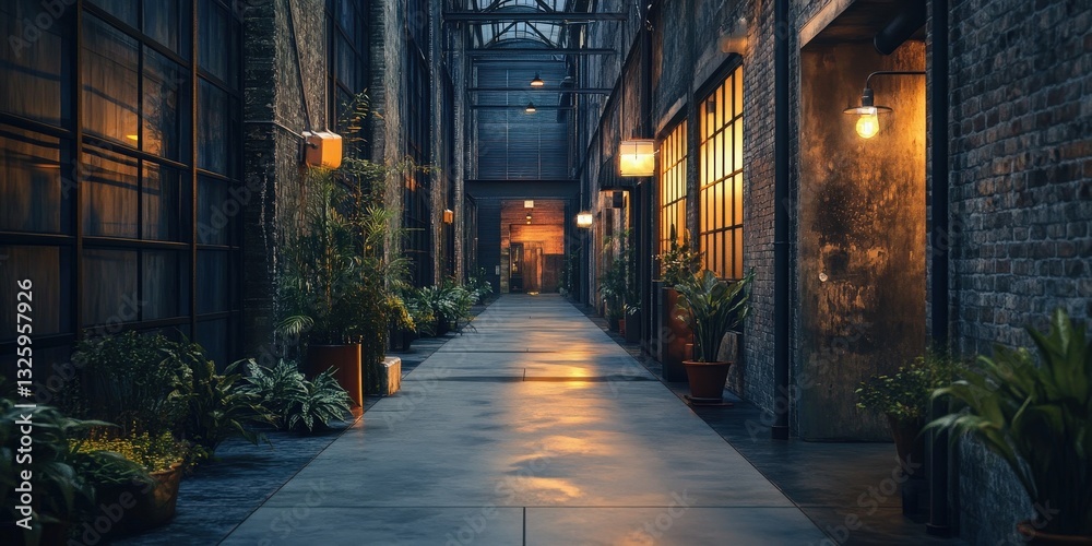 Fototapeta premium A serene, light-gray concrete path stretches elegantly to the right, its smooth texture inviting exploration under the soft glow of natural light. 