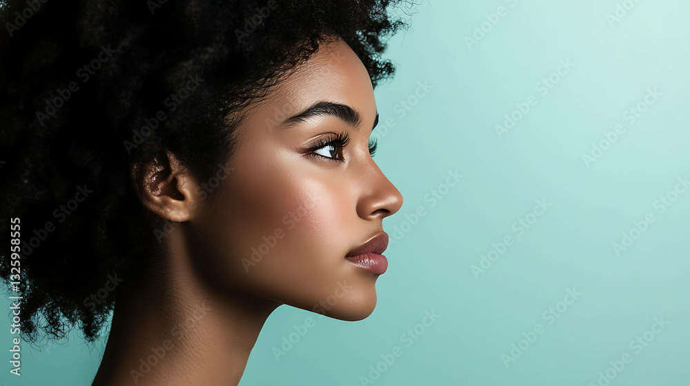 Aesthetic profile view of a woman with delicate features on a pastel mint backdrop