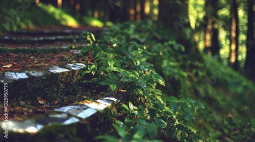 Serene Forest Path  Mossy Steps  Lush Greenery  Sunlight Dappled