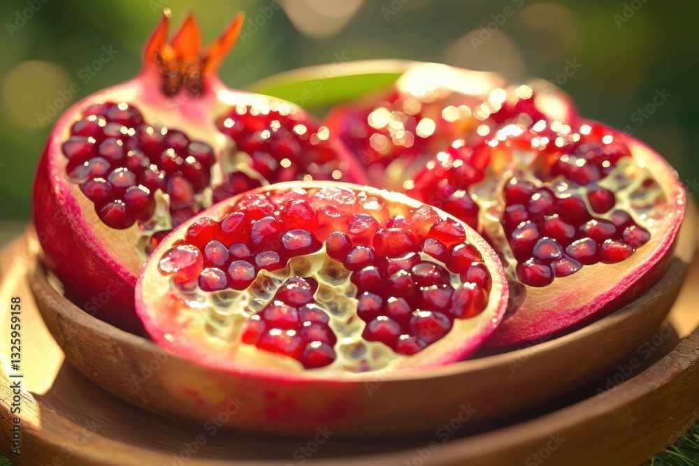 Close-up of juicy halved pomegranates on a wooden plate, showing the vibrant red seeds and natural beauty, perfect for showcasing healthy eating and fresh produce. Close-up of juicy halved pomegranates on a wooden plate, showing the vibrant red seeds and natural beauty, perfect for showcasing healthy eating and fresh produce.