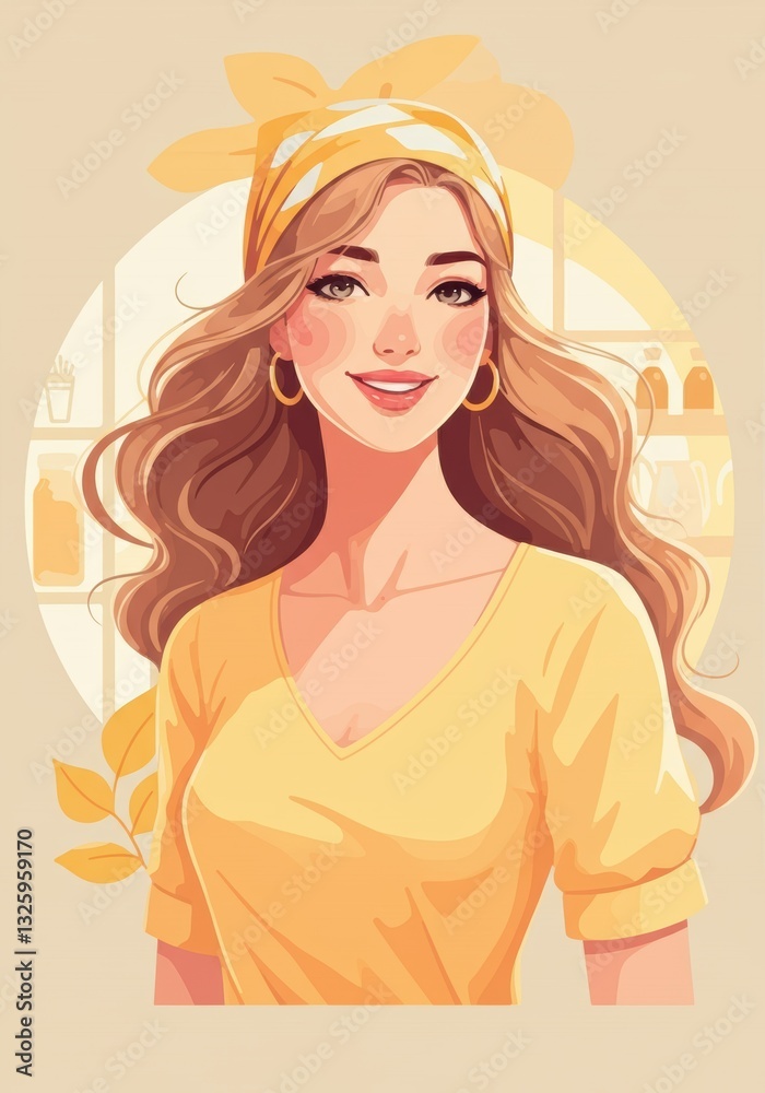 Cheerful woman with long hair wearing a yellow top and headband Cheerful woman with long hair wearing a yellow top and headband