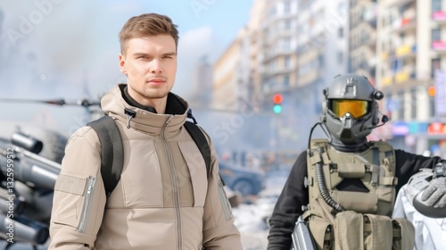 Young Man in Tactical Gear with Soldier in Futuristic Setting During Urban Conflict Scene