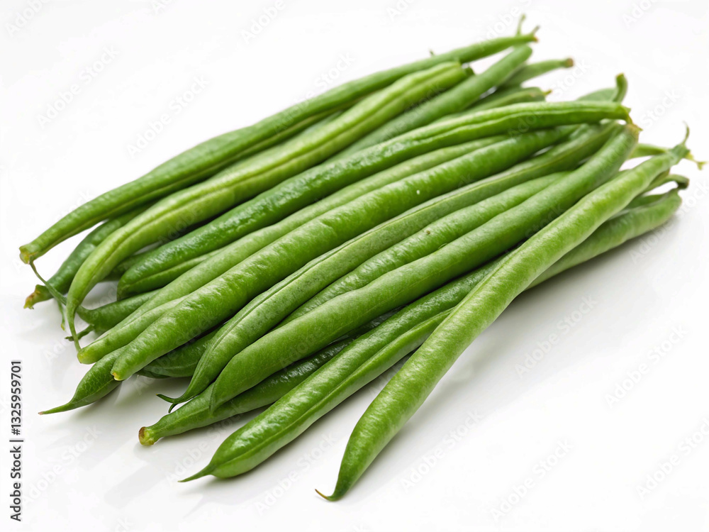 Detailed green beans with long, slender pods and bright green color, isolated on a white background for food photography or produce product images Detailed green beans with long, slender pods and bright green color, isolated on a white background for food photography or produce product images