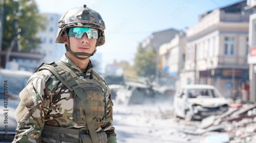 Fototapeta premium Soldier in Military Gear Amidst Urban Destruction and Debris from Armed Conflict Zone