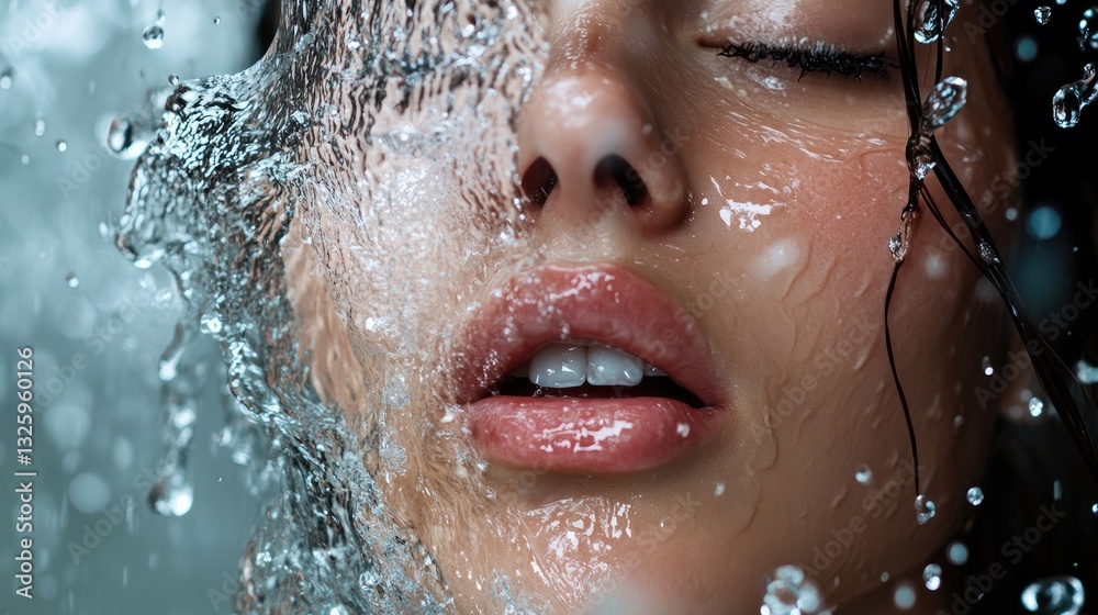 A graceful woman with water splashing on her face, the droplets captured mid-air, evoking a feeling of rejuvenation and freshness A graceful woman with water splashing on her face, the droplets captured mid-air, evoking a feeling of rejuvenation and freshness