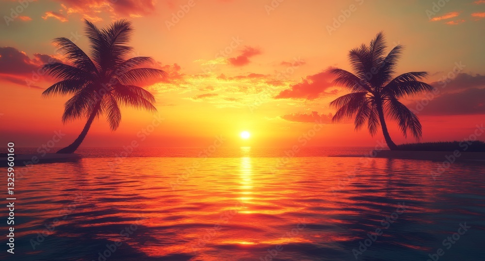 Quiet pool landscape with palm trees and foliage reflecting in the water at sunset, offering space for text overlay Quiet pool landscape with palm trees and foliage reflecting in the water at sunset, offering space for text overlay
