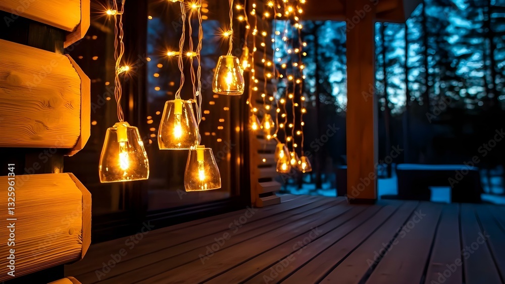 Fototapeta premium A cozy setting with hanging lights and illuminated glass fixtures, surrounded by trees and a serene evening atmosphere. Concept Cozy Ambiance, Hanging Lights, Illuminated Fixtures, Serene Evening