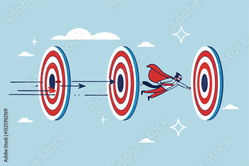 Power to reach targets, goals or achievements, aiming, challenge or aspiration to success, motivation or strength, leadership skill concept, businessman superhero flying breakthrough target bullseyes.