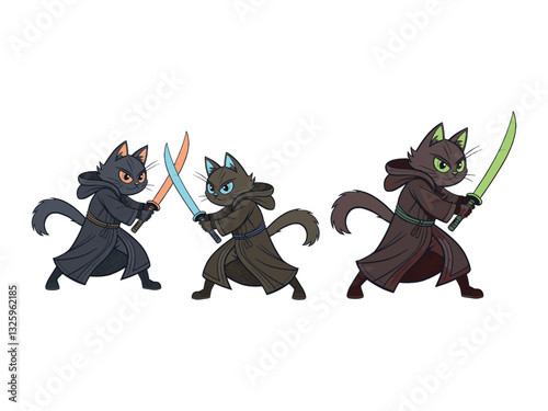Mysterious Black Ninja Cat in a Dynamic Action Pose, Dressed in a black Outfit, Fiercely Wielding a Sharp Sword with Intense Determination