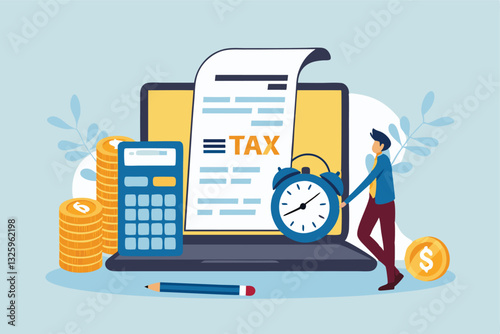 Tax online payment on computer laptop, income tax calculation deadline, refund or revenue paperwork, financial duty concept, businessman on tax calculation payment with calendar date computer laptop.
