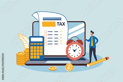 Tax online payment on computer laptop, income tax calculation deadline, refund or revenue paperwork, financial duty concept, businessman on tax calculation payment with calendar date computer laptop.