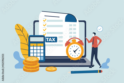 Tax online payment on computer laptop, income tax calculation deadline, refund or revenue paperwork, financial duty concept, businessman on tax calculation payment with calendar date computer laptop.