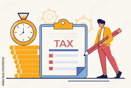 Tax online payment on computer laptop, income tax calculation deadline, refund or revenue paperwork, financial duty concept, businessman on tax calculation payment with calendar date computer laptop.