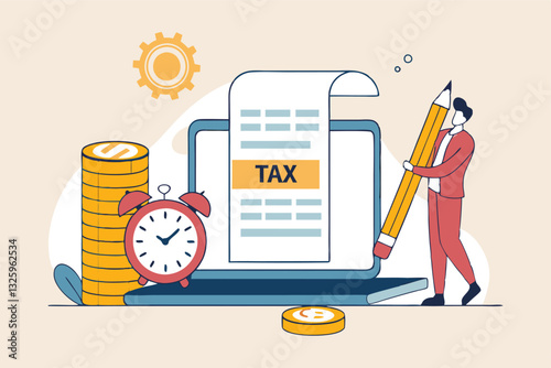 Tax online payment on computer laptop, income tax calculation deadline, refund or revenue paperwork, financial duty concept, businessman on tax calculation payment with calendar date computer laptop.