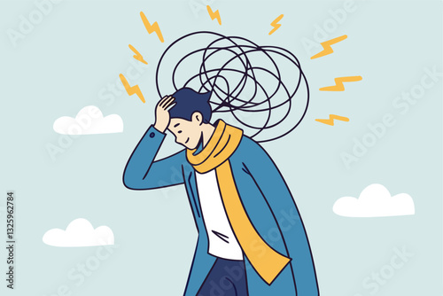 Overthinking, too much worried, stress or anxiety, self doubt, fear or indecision, obsession thoughts, mental exhaustion or negative emotional, overload concept, businessman overthinking mess head.